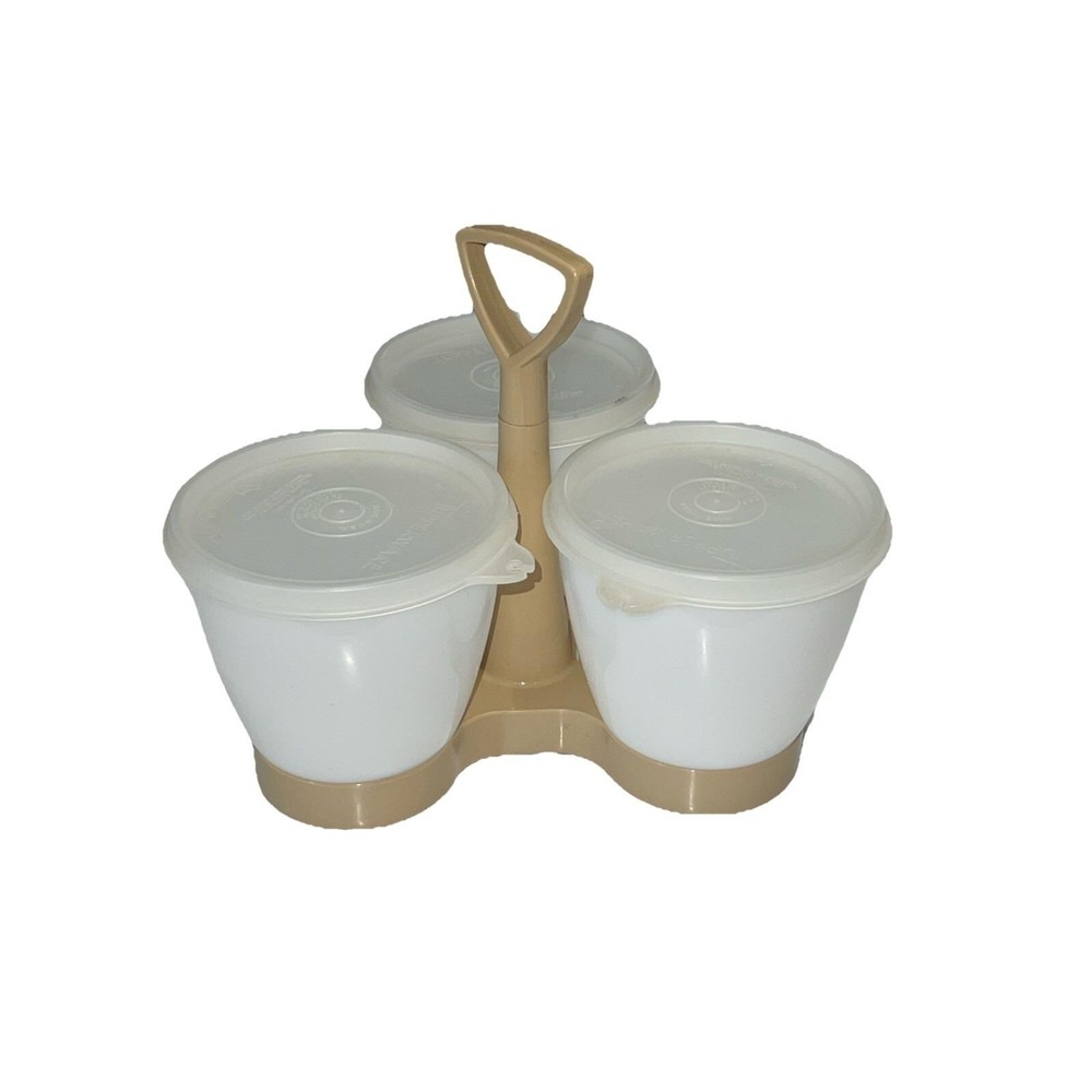 Vintage 80s Tupperware Tan Beige Almond CONDIMENT CADDY SET with Lids #733 #757